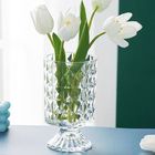 Pedestal Big Base Glass Bouquet Vase Embossed Glass Vase Hydroponic Glass Transparent Vase for Home Office Wedding